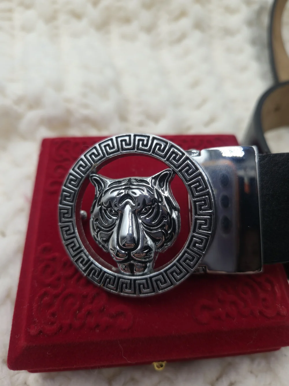 Old John Leather Men's Luxury Belt with a silver-toned tiger buckle. 46